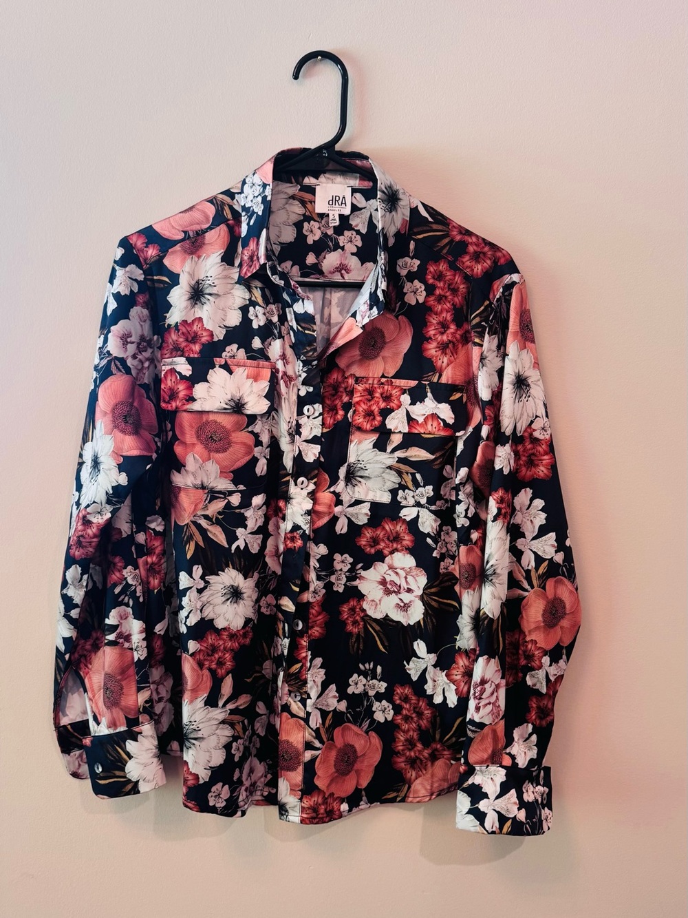 dRA Floral Button-Up Blouse - Navy with rust & White Flowers